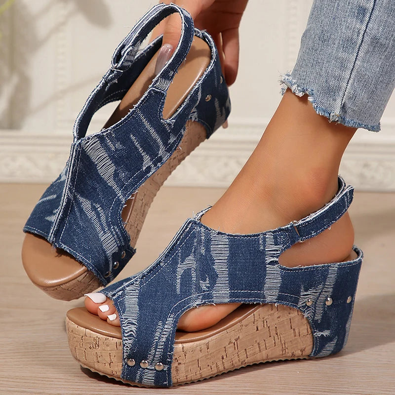 Indigo Denim Wedge Sandals