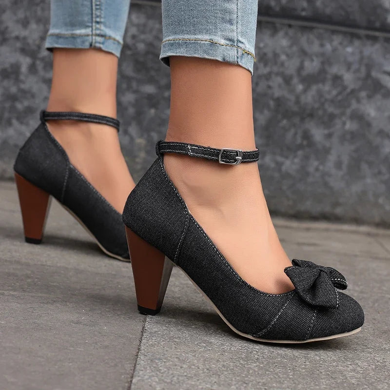 Darling Denim Bow Strap Heels