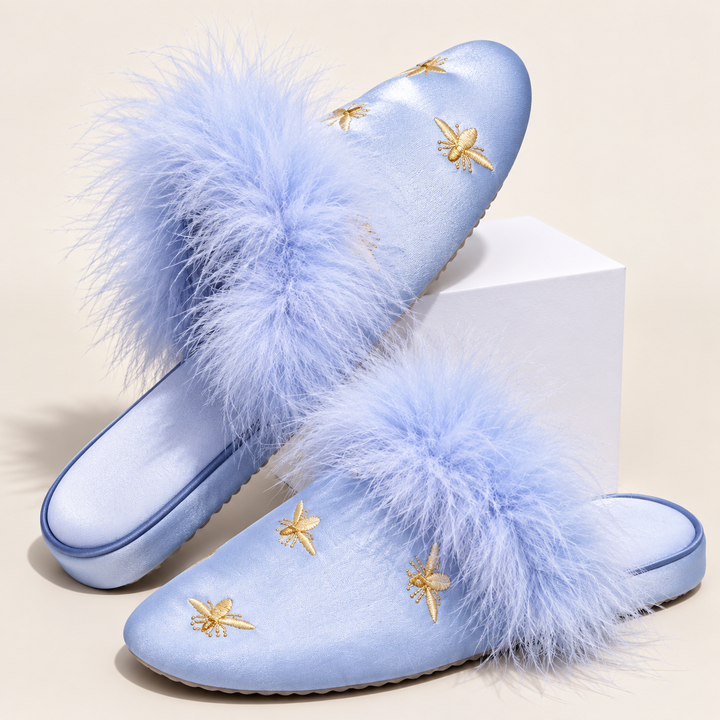 Alice Satin Feathered Slippers