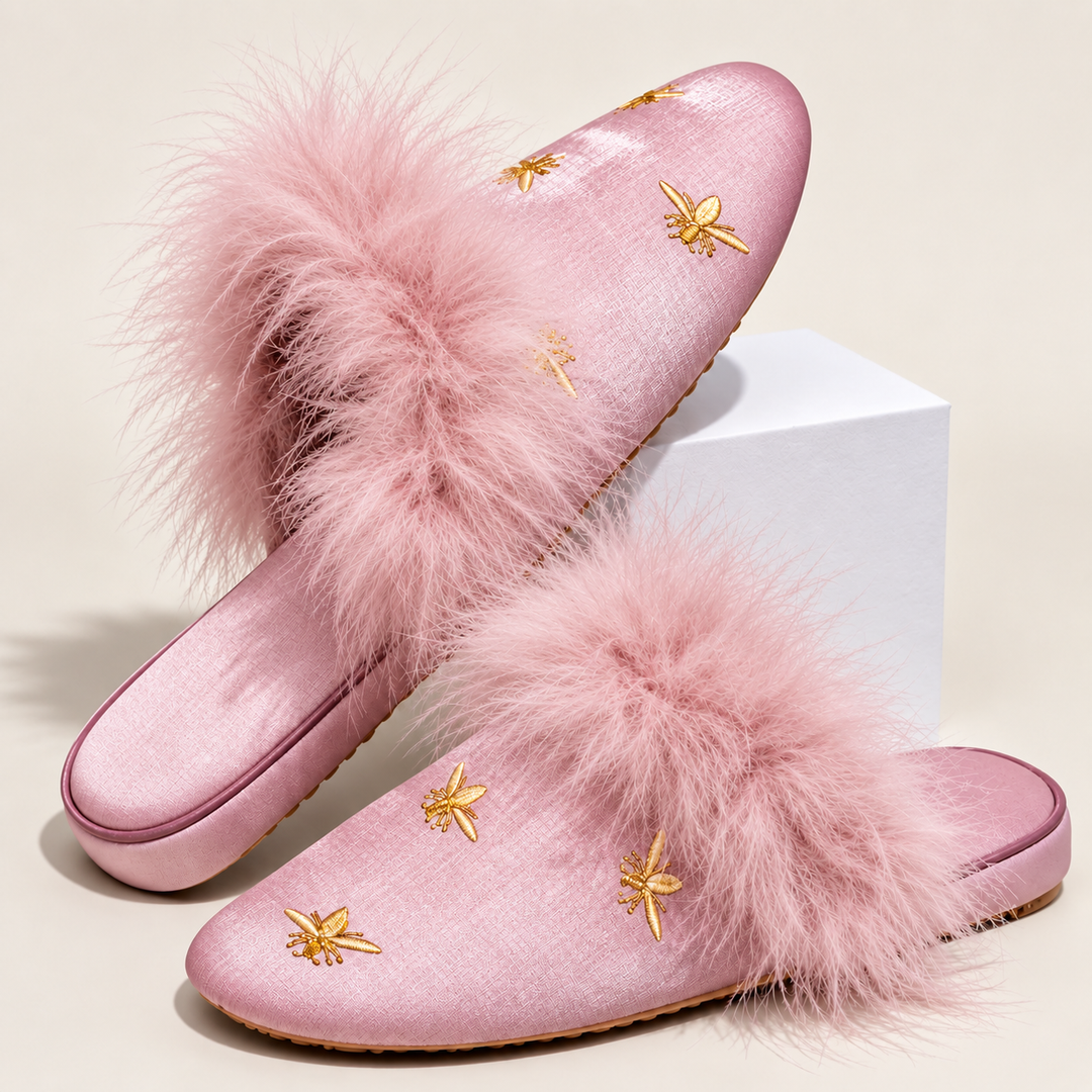 Alice Satin Feathered Slippers
