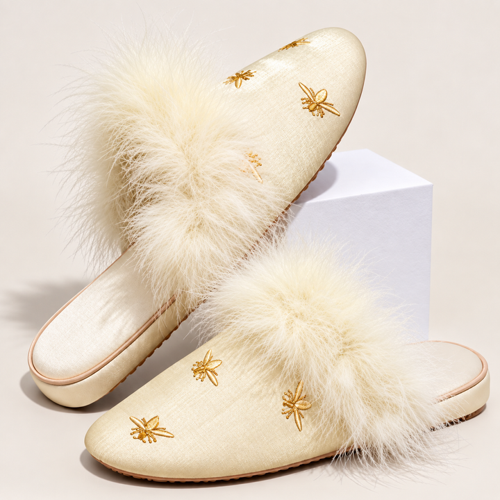 Alice Satin Feathered Slippers
