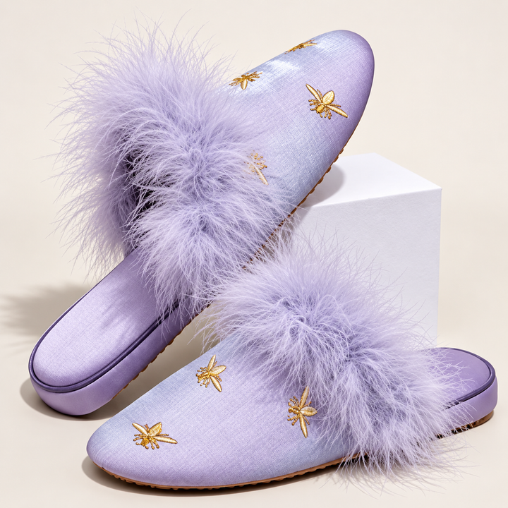 Alice Satin Feathered Slippers