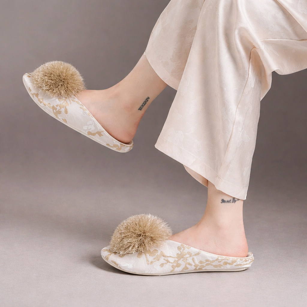 Serena Embroidered Pom Slippers