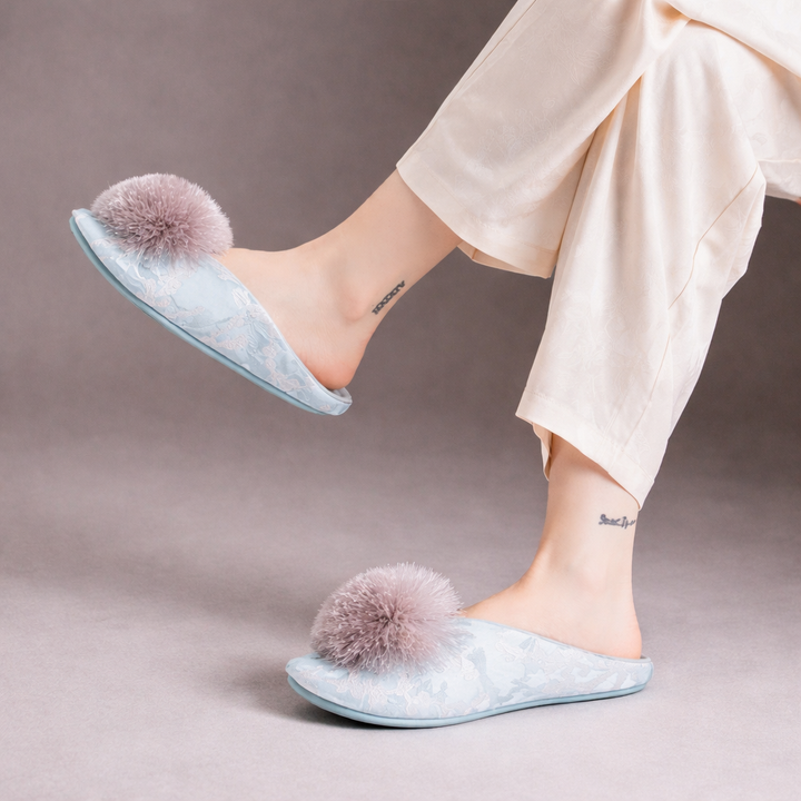 Serena Embroidered Pom Slippers