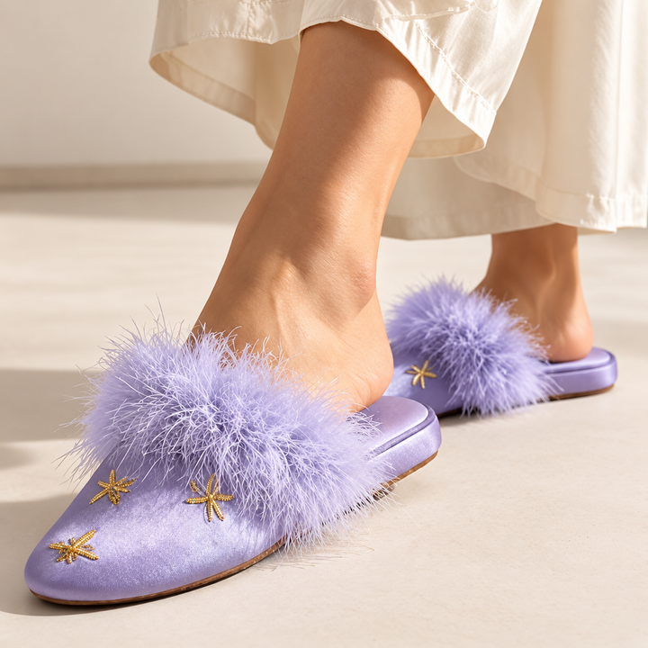 Alice Satin Feathered Slippers