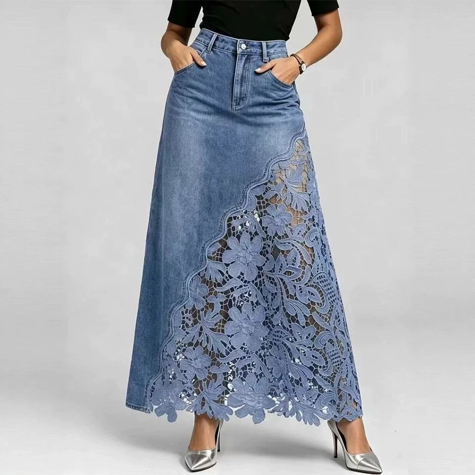 Celeste Lace Denim Maxi Skirt
